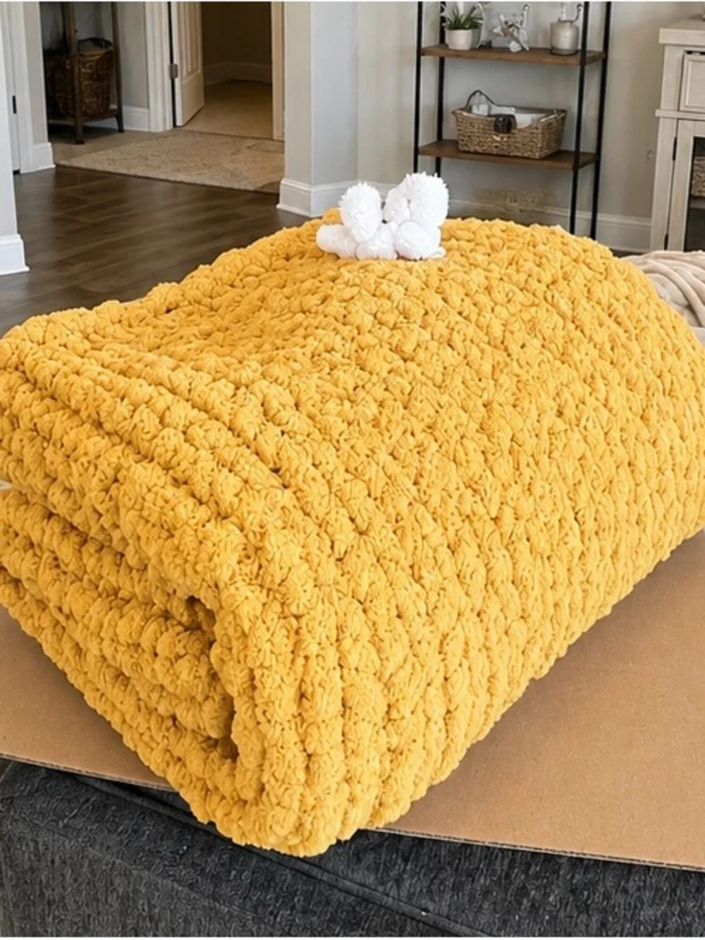🌼 Handmade Mustard Floral Chunky Knit Blanket – 46” x 48” 🌼